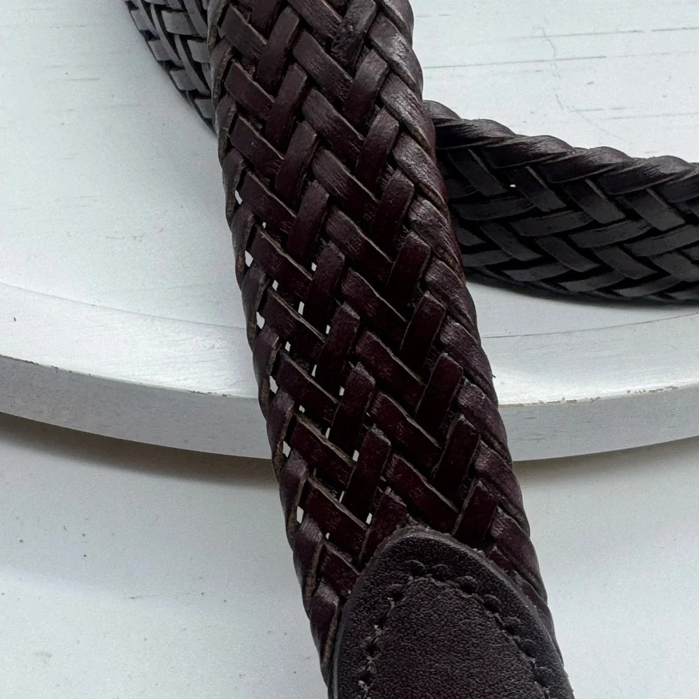 Dark Brown Woven Braided Bonded Leather Belt Silver Buckle Size Small 36